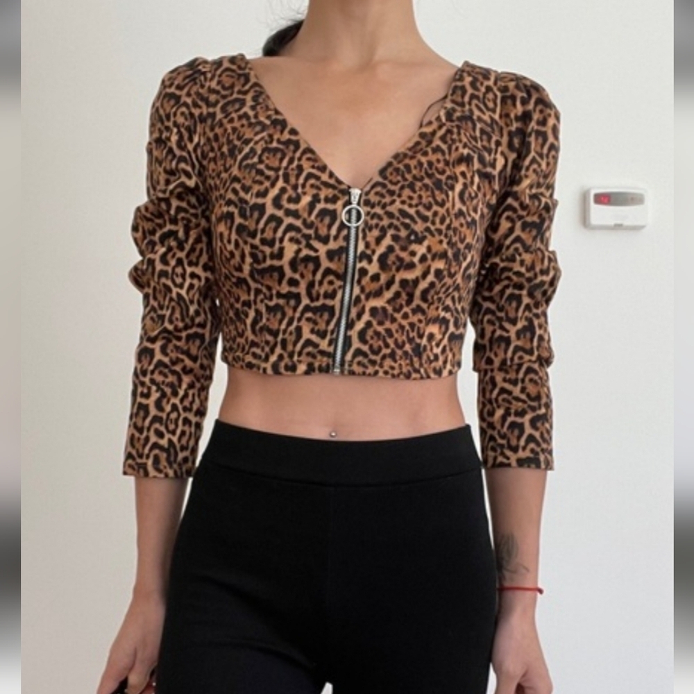 ZARA Leopard Print Long Sleeve Zip Front Puff Sleeve Crop Top.Black/brown.SM NWT - Picture 4 of 14